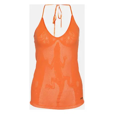 Just Cavalli Orange Eyelet Jersey Fitted Tank Top