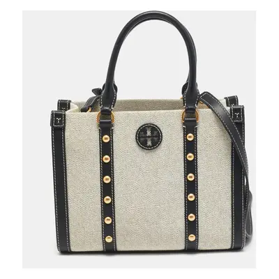 Tory Burch Black/Off White Canvas and Leather Studded Blake Tote