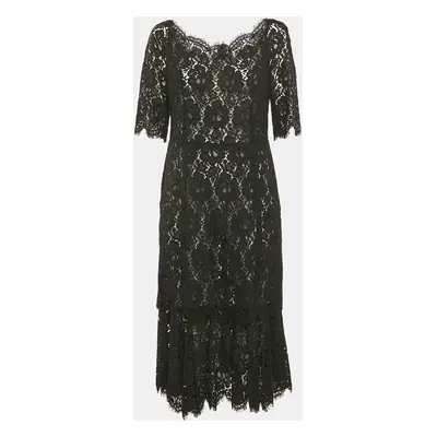 Dolce & Gabbana Black Lace Flounce Midi Dress