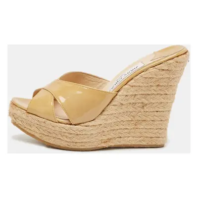 Jimmy Choo Beige Patent Leather Phyllis Espadrilles Platform Wedges Sandals Size