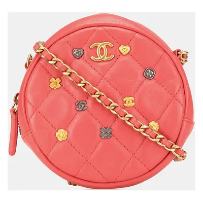 Chanel Pink Quilted Lambskin Lucky Charms Round Clutch with Chain