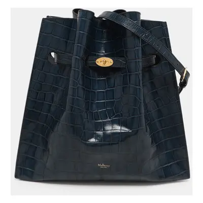 Mulberry Blue Croc Embossed Leather Tyndale Bucket Shoulder Bag