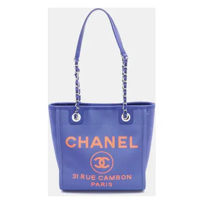 Chanel Blue Canvas Leather Deauville Pm Tote Bag