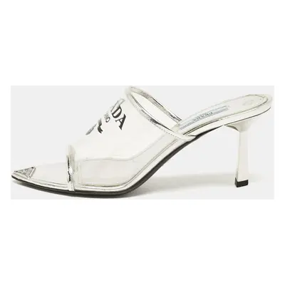 Prada Silver Leather and Logo Print PVC Plexiglas Slide Sandals Size 37.5