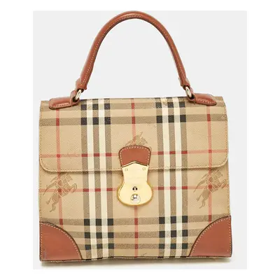 Burberry Beige/Brown Haymarket Coated Canvas and Leather Pushlock Top Handle Bag