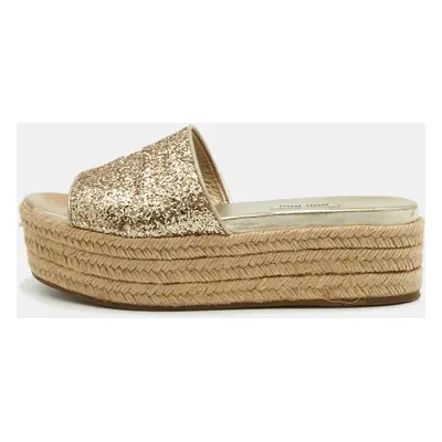 Miu Miu Gold Glitter Espadrille Platform Slide Sandals Size