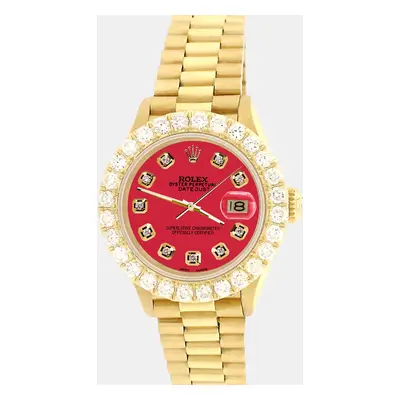 Rolex president datejust yellow gold Wristwatch with 2ct diamond bezel scarlet red diamond dial