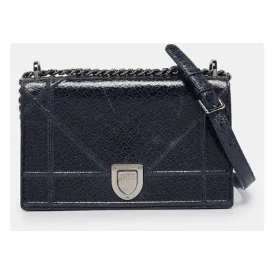 Dior Navy Blue Crinkled Patent Leather Diorama Shoulder Bag