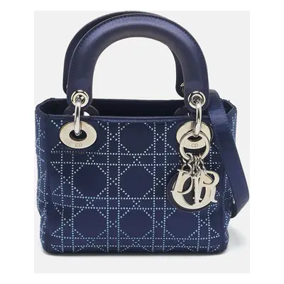 Dior Navy Blue Cannage Crystal Satin Mini Lady Dior Tote