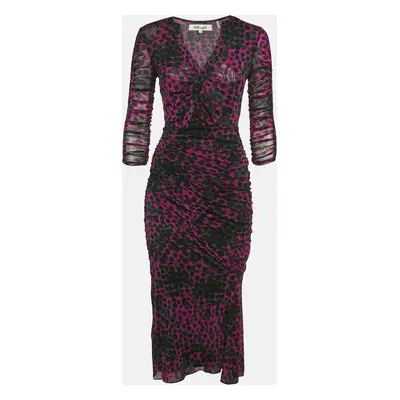 Diane Von Furstenberg Pink/Black Printed Stretch Mesh Ruche Detail Midi Dress