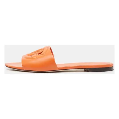 Dolce & Gabbana Orange Leather DG Cut Out Logo Flat Slides Size