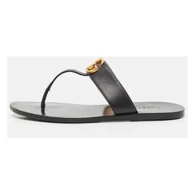 Gucci Black Leather GG Marmont Thong Flats Size