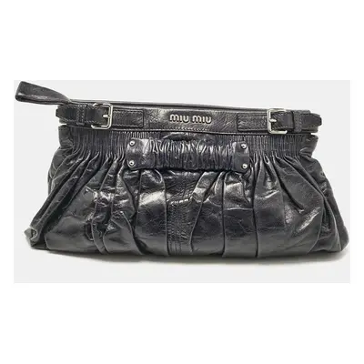 Miu Miu Dark Blue Leather Ruched Buckle Clutch