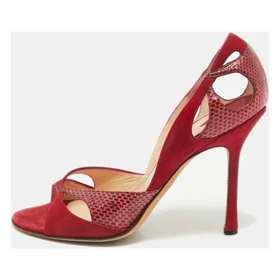 Jimmy Choo Red Suede and Watersnake Cut Out Open Toe Pumps Size 39.5