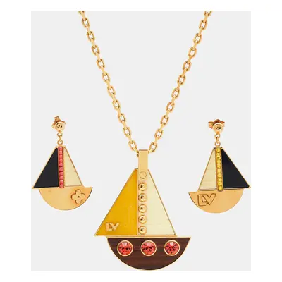 Louis Vuitton Float the Boat Crystal Resin Wood Gold Tone Necklace and Earrings Set