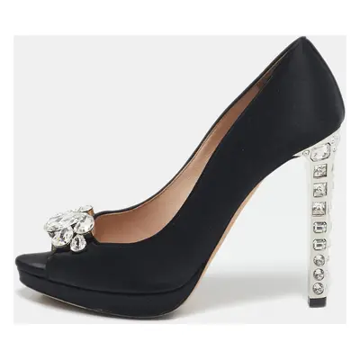 Miu Miu Black Satin Crystal Embellished Heel Peep Toe Platform Pumps Size