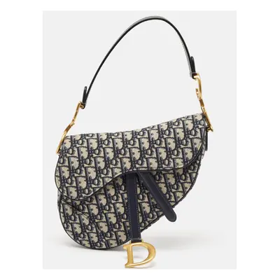 Dior Navy Blue Oblique Canvas and Leather Saddle Bag