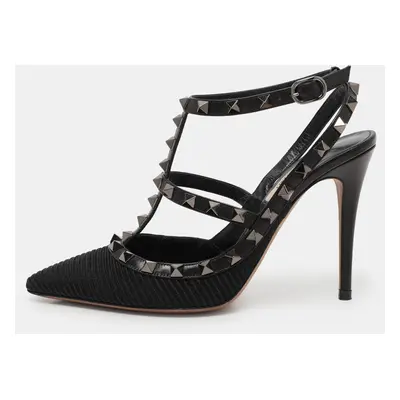 Valentino Black Fabric and Leather Rockstud Ankle Strap Pumps Size