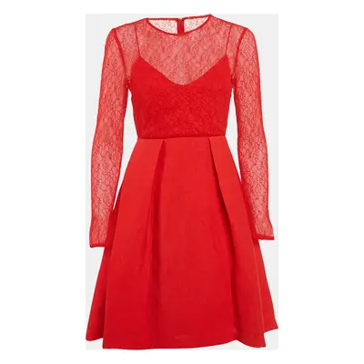 Sandro Red Lace and Textured Crepe Pleated Mini Dress