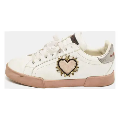 Dolce & Gabbana White Leather Love Applique Portofino Low Top Sneakers Size