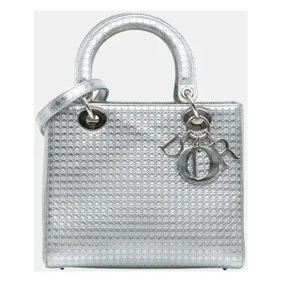 Dior Silver Medium Metallic Patent Microcannage Lady Dior