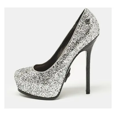 Philipp Plein Silver/Black Glitter and Python Platform Pumps Size