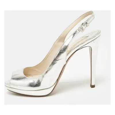 Prada Silver Laminated Leather Peep Toe Slingback Pumps Size