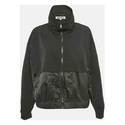 Kenzo Black Logo Print Synthetic Concealed Hood Windbreaker Jacket