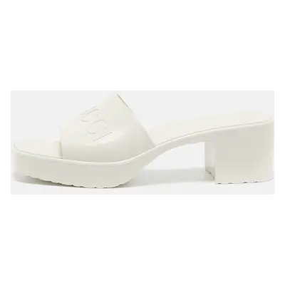 Gucci White Rubber Embossed Logo Block Heel Slide Sandals Size