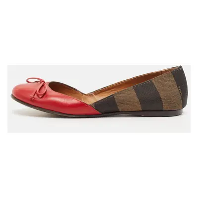 Fendi Brown/Red Leather And Canvas Toe Ballet Flats Size