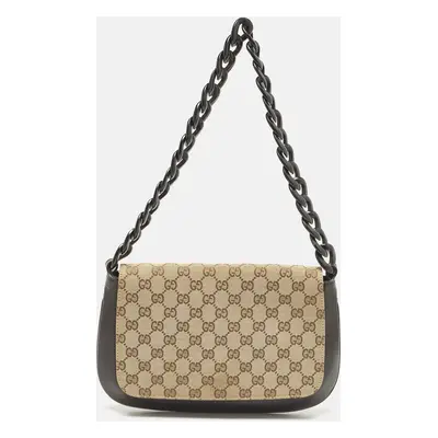 Gucci Beige/Brown GG Canvas and Leather Wooden Chain Flap Bag