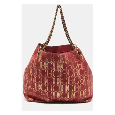 Carolina Herrera Red/Gold Monogram Leather Chain Tote