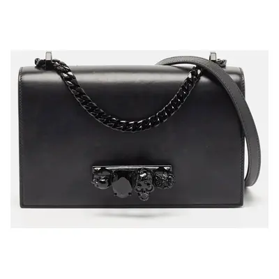 Alexander McQueen Black Leather Jewelled Flap Shoulder Bag