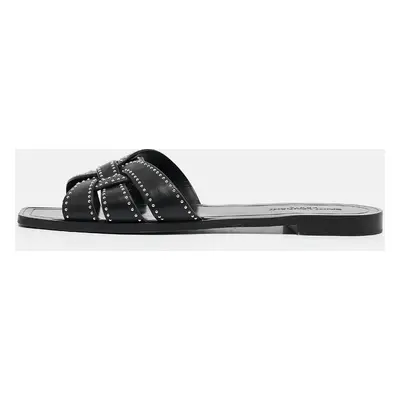 Saint Laurent Black Leather Embellished Tribute Flat Sandals Size