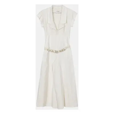 Chanel White Cotton Tweed Belt Jumpsuit Size