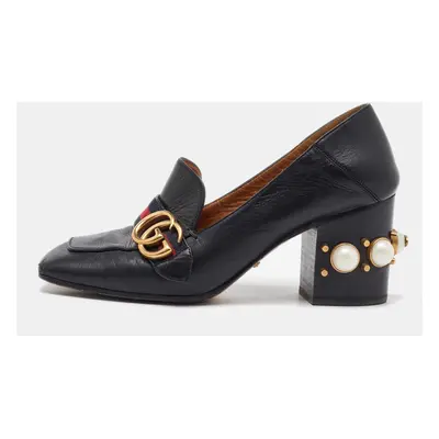 Gucci Black Leather Web GG Marmont Faux Pearl Block Heel Loafer Pumps Size