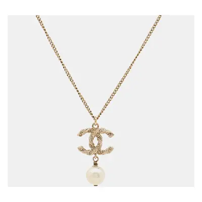 Chanel CC Crystals Faux Pearl Gold Tone Necklace