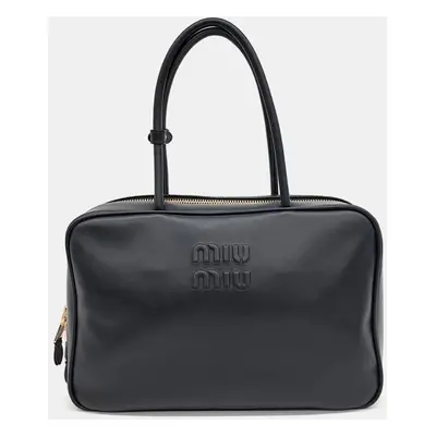 Miu Miu Black Leather Embossed Logo Bowling Bag