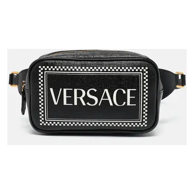 Versace Black Leather Logo Print Belt Bag