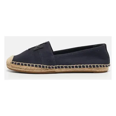 Tory Burch Navy Blue Canvas And Leather Espadrilles Flats Size 37.5