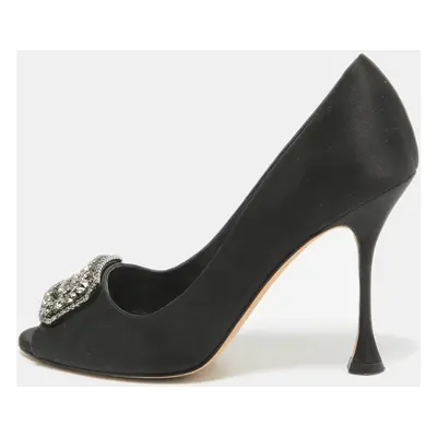 Manolo Blahnik Black Satin Matik Peep Toe Pumps Size 37.5