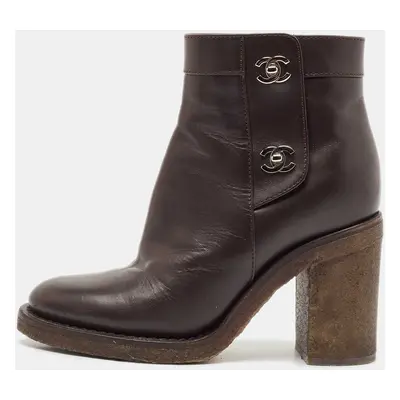 Chanel Dark Brown Leather CC Turn-Lock Block Heel Ankle Boots Size