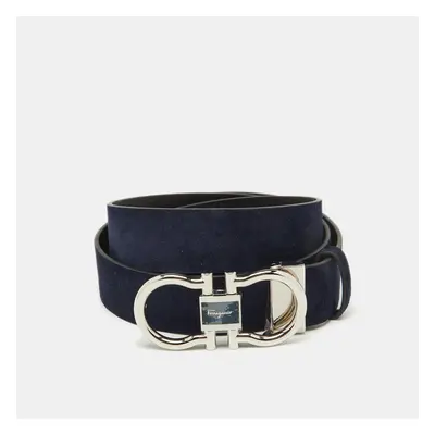 Salvatore Ferragamo Navy Blue/Black Nubuck Leather Cut to Size Reversible Gancini Buckle Belt