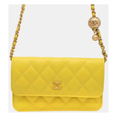 Chanel Yellow Quilted Lambskin Pearl Crush Flap Phone Holder with Chain Bag