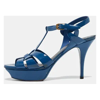 Saint Laurent Blue Patent Leather Tribute Platform Sandals Size