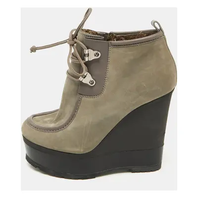 Sergio Rossi Grey Nubuck Leather Woolen Wedge Ankle Boots Size