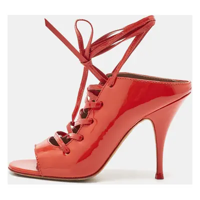 Givenchy Coral Red Patent Leather Lace Up Backless Mule Sandals Size