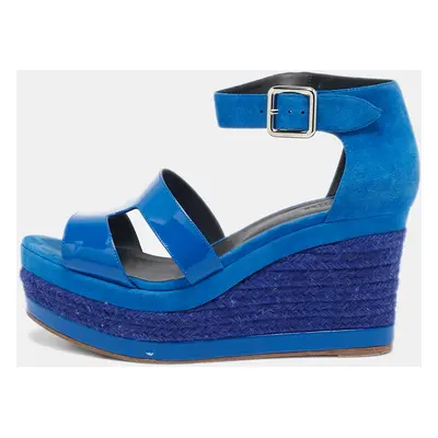 Hermes Blue Suede And Patent Leather Ilana Espadrille Wedge Sandals Size