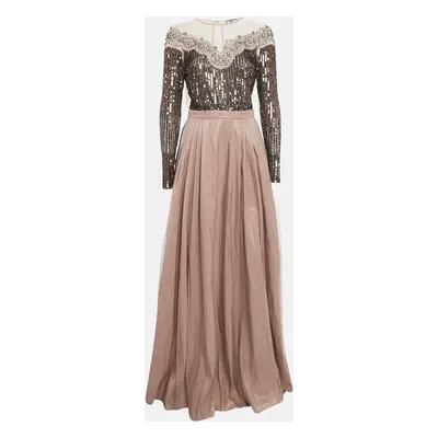 Elisabetta Franchi Mauve Sequin Embellished Tulle Flared Gown