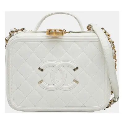 Chanel White Medium Caviar Filigree Vanity Case